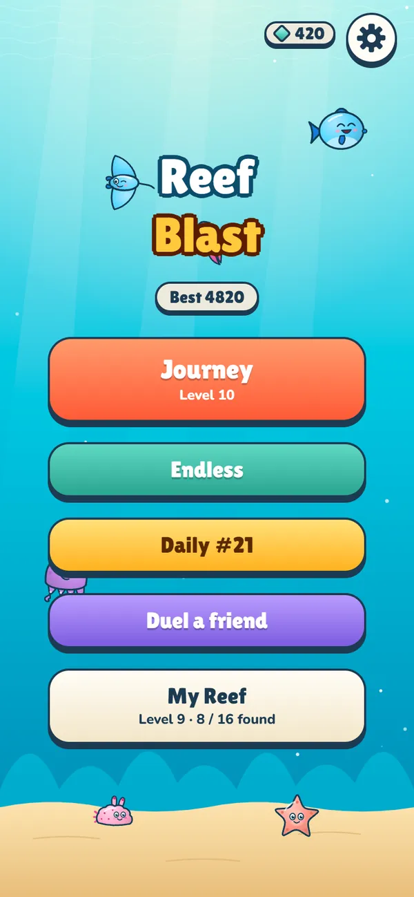 The Reef Blast home screen with Journey, Endless, Daily, Duel a friend and My Reef buttons
