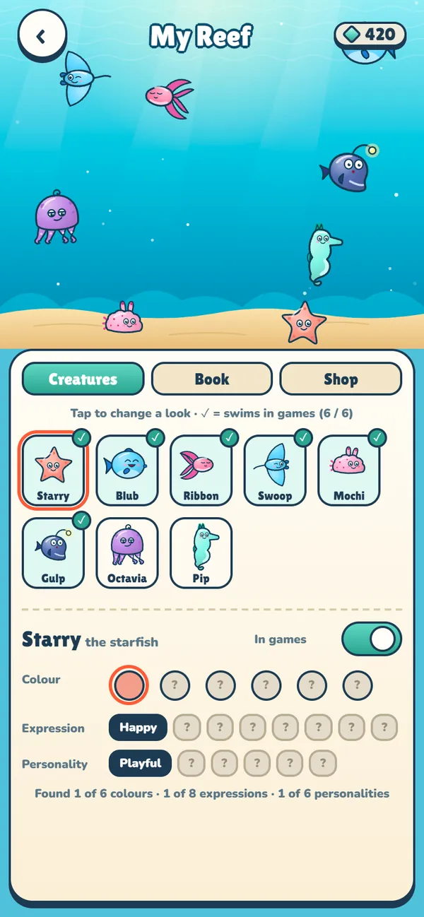 The My Reef screen for choosing a creature's look