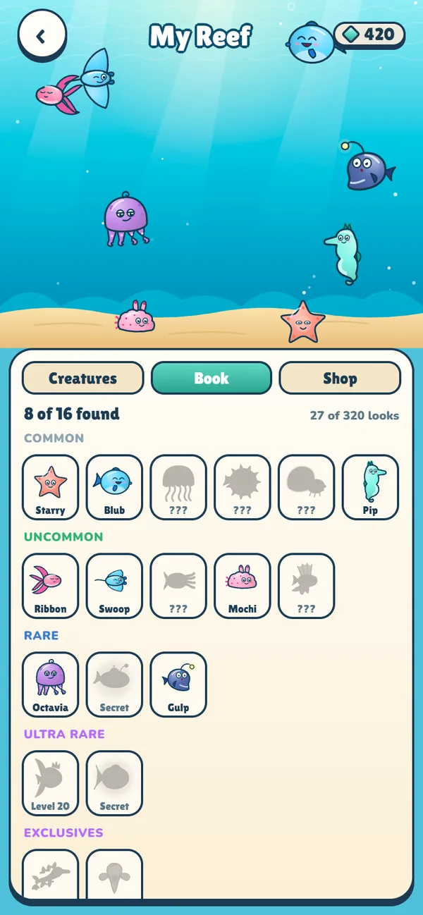 The collection book showing 8 of 16 creatures found, sorted by rarity